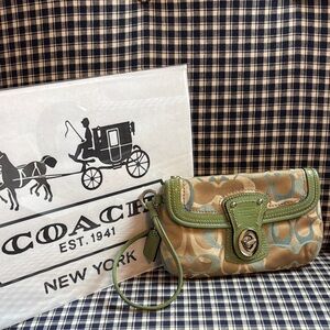 COACH legacy Y2K mint Green Signature Wristlet with Leather Trim
